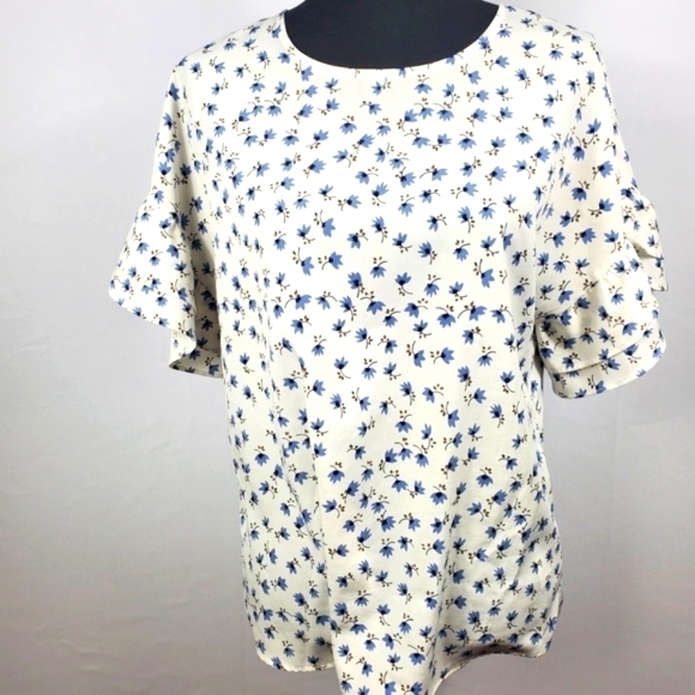 X-Small Lilac Floral Print Blouse with Ruffle Sleeves